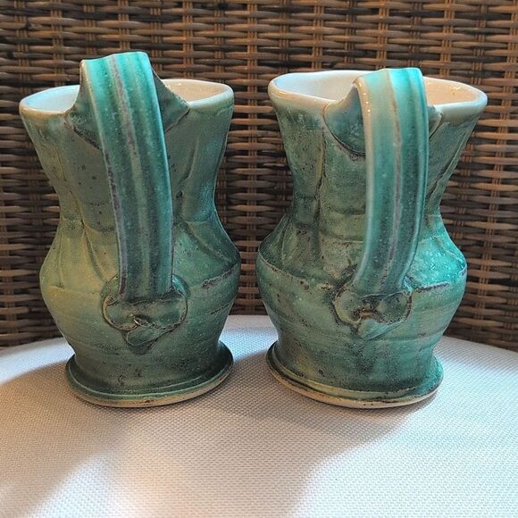 Handmade Turquoise Ceramic Textured Coffee Mug Set Artist Signed Pottery Cups - Picture 3 of 9